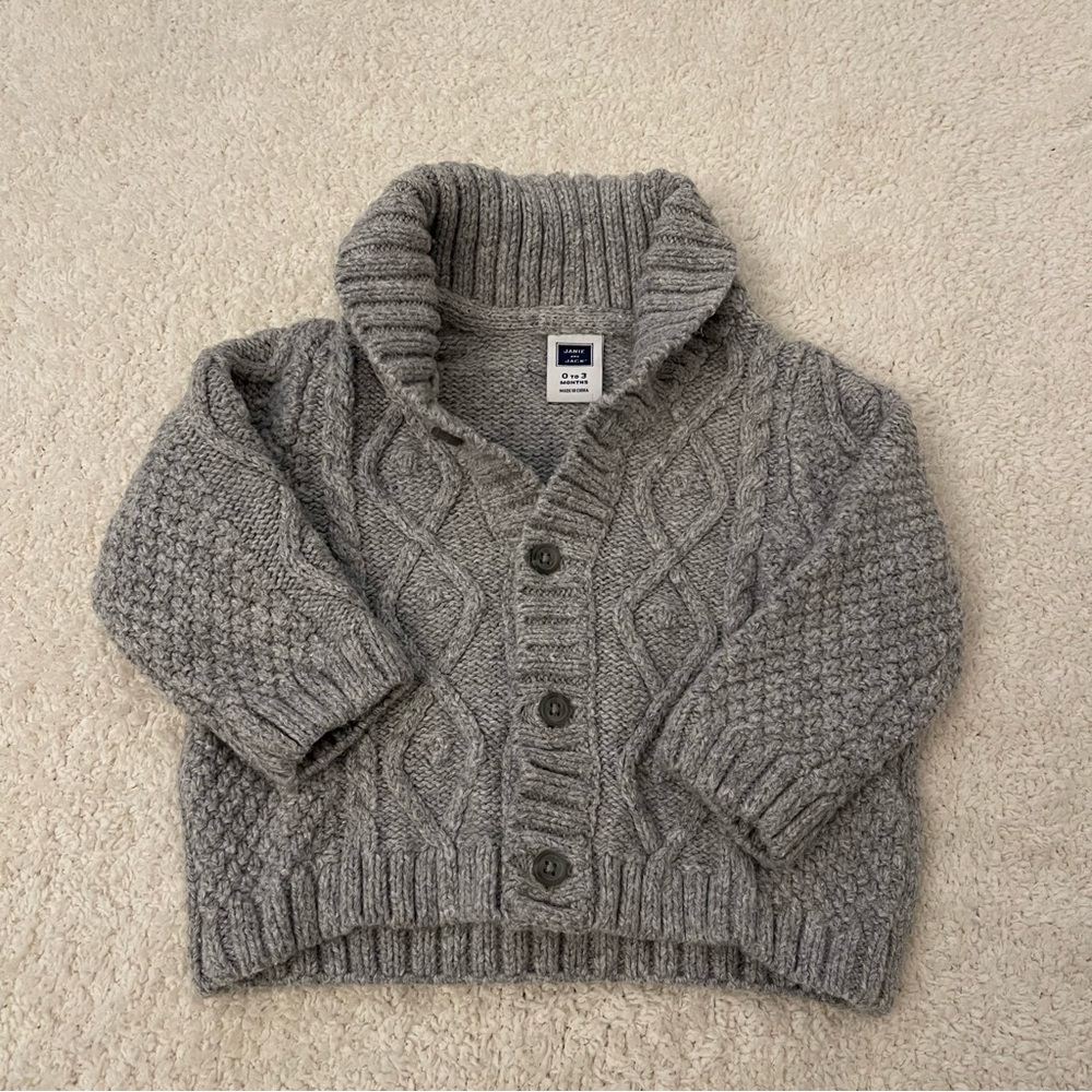 Jamie and Jack 0-3 Months Cable Knit Collared Gray Sweater Cardigan